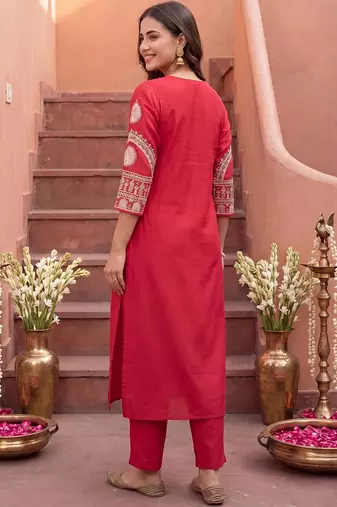 women ethnic motifs embroidered regular thread work kurta with trousers