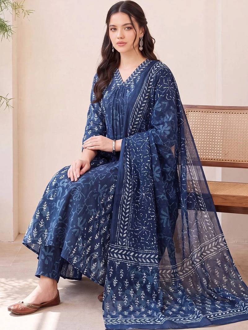 women floral printed regular cotton kurta with trousers & with dupatta