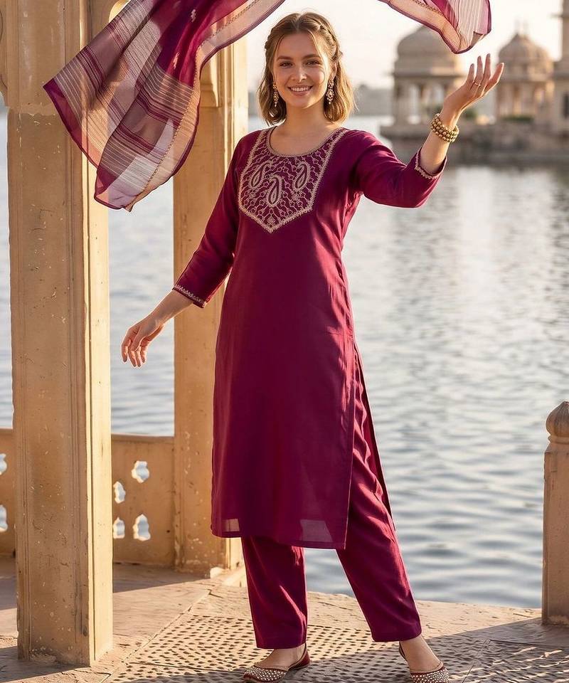 women ethnic motifs embroidered regular thread work kurta with trousers & with dupatta