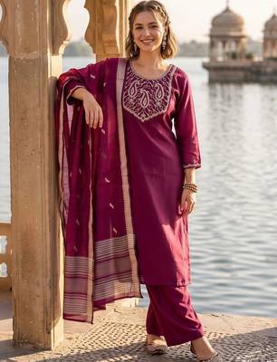 women ethnic motifs embroidered regular thread work kurta with trousers & with dupatta 6