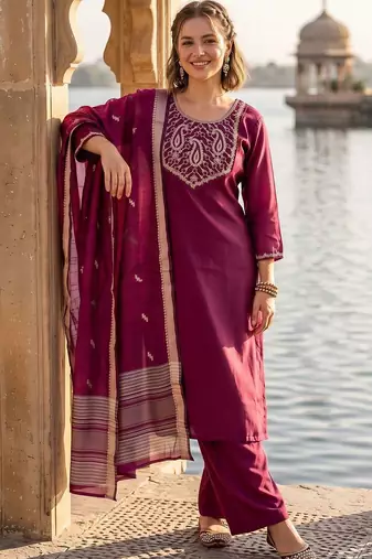 women ethnic motifs embroidered regular thread work kurta with trousers & with dupatta