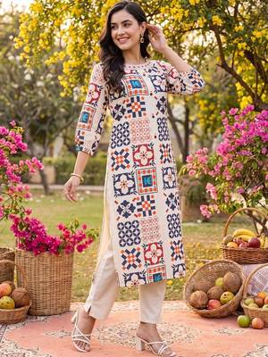 women ethnic motifs printed regular kurta with trousers 1