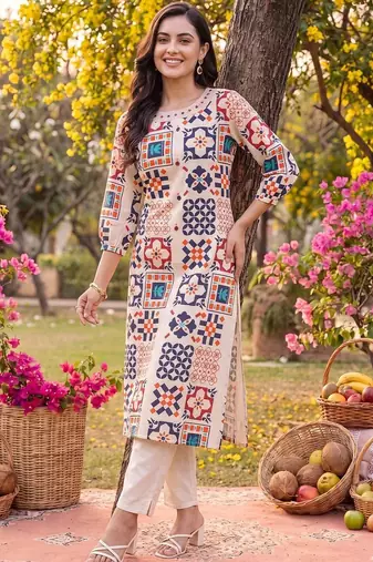 women ethnic motifs printed regular kurta with trousers
