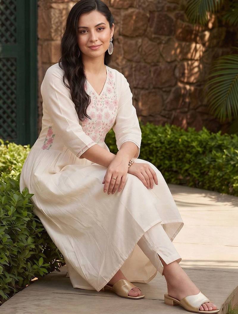 women floral embroidered empire thread work cotton kurta with trousers