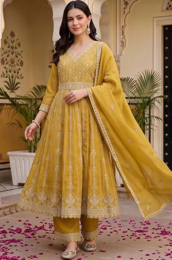 women floral embroidered empire thread work kurta with palazzos & with dupatta