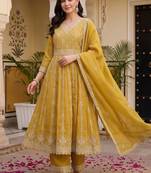 women floral embroidered empire thread work kurta with palazzos & with dupatta
