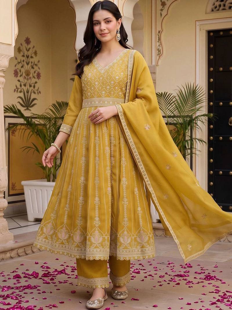 women floral embroidered empire thread work kurta with palazzos & with dupatta