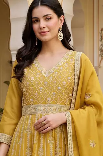 women floral embroidered empire thread work kurta with palazzos & with dupatta