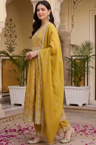 women floral embroidered empire thread work kurta with palazzos & with dupatta
