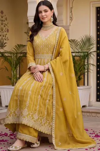women floral embroidered empire thread work kurta with palazzos & with dupatta