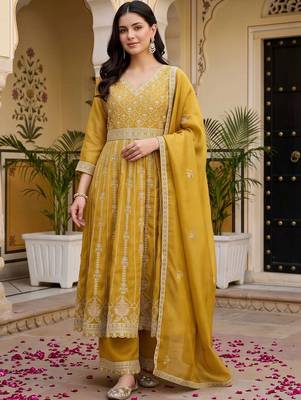 women floral embroidered empire thread work kurta with palazzos & with dupatta 6