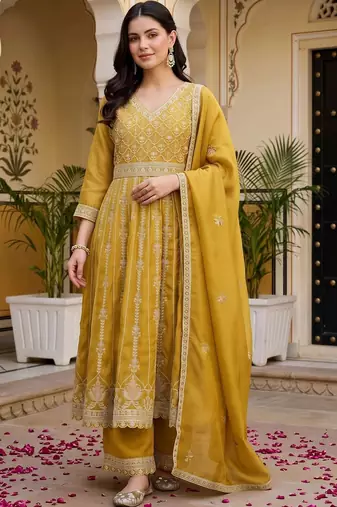 women floral embroidered empire thread work kurta with palazzos & with dupatta