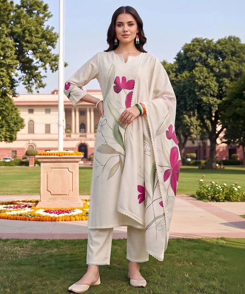 women floral printed regular kurta with trousers & with dupatta