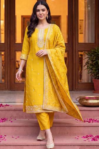 women ethnic motifs embroidered regular thread work kurta with trousers & with dupatta