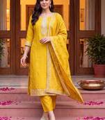 women ethnic motifs embroidered regular thread work kurta with trousers & with dupatta