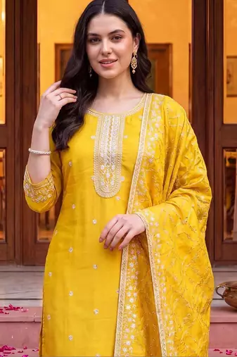 women ethnic motifs embroidered regular thread work kurta with trousers & with dupatta