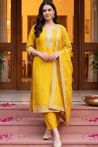 women ethnic motifs embroidered regular thread work kurta with trousers & with dupatta