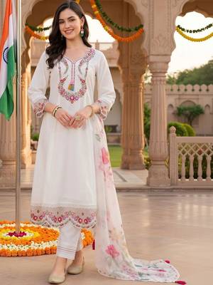 women floral embroidered regular thread work kurta with trousers & with dupatta 1