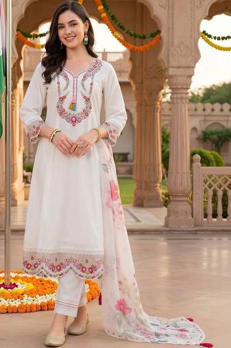 women floral embroidered regular thread work kurta with trousers & with dupatta