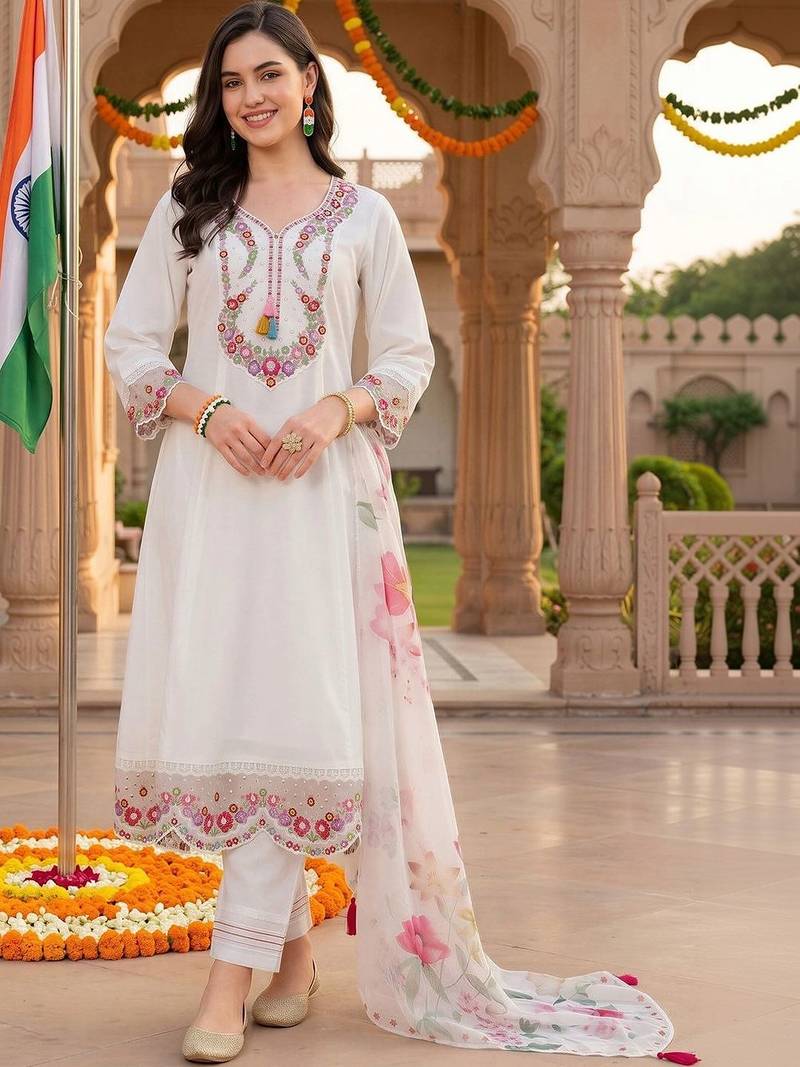 women floral embroidered regular thread work kurta with trousers & with dupatta