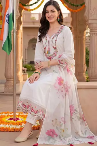 women floral embroidered regular thread work kurta with trousers & with dupatta