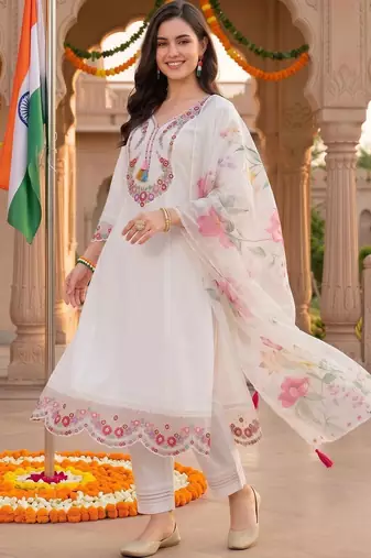 women floral embroidered regular thread work kurta with trousers & with dupatta