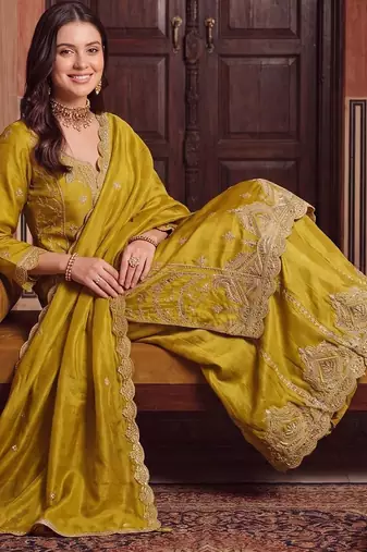 women ethnic motifs embroidered regular thread work kurta with palazzos & with dupatta