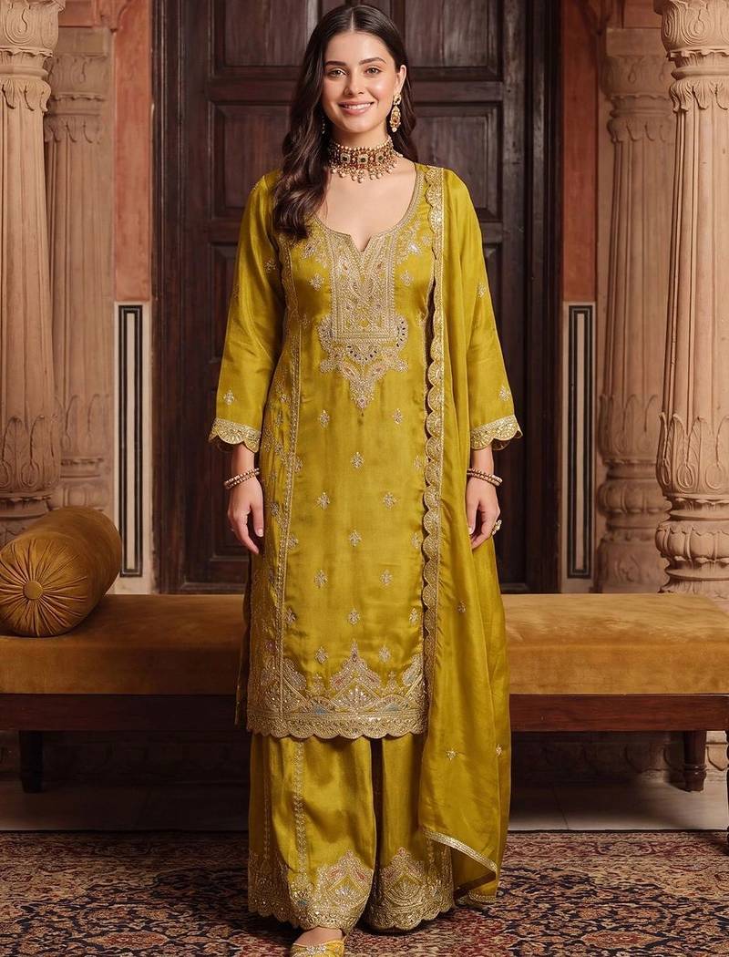 women ethnic motifs embroidered regular thread work kurta with palazzos & with dupatta
