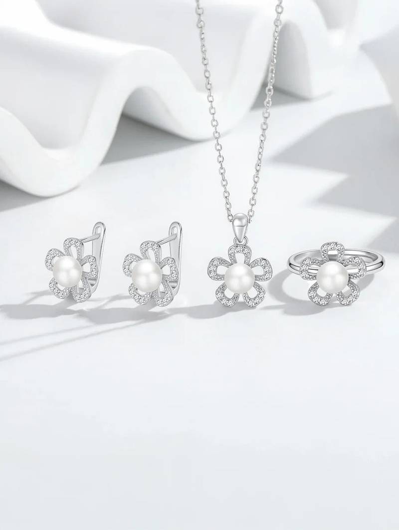 Pure 925 silver flower set for women