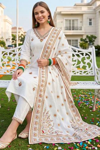 women ethnic motifs embroidered regular thread work cotton kurta with trousers & with dupatta