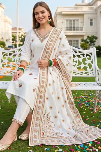 women ethnic motifs embroidered regular thread work cotton kurta with trousers & with dupatta