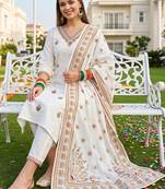 women ethnic motifs embroidered regular thread work cotton kurta with trousers & with dupatta