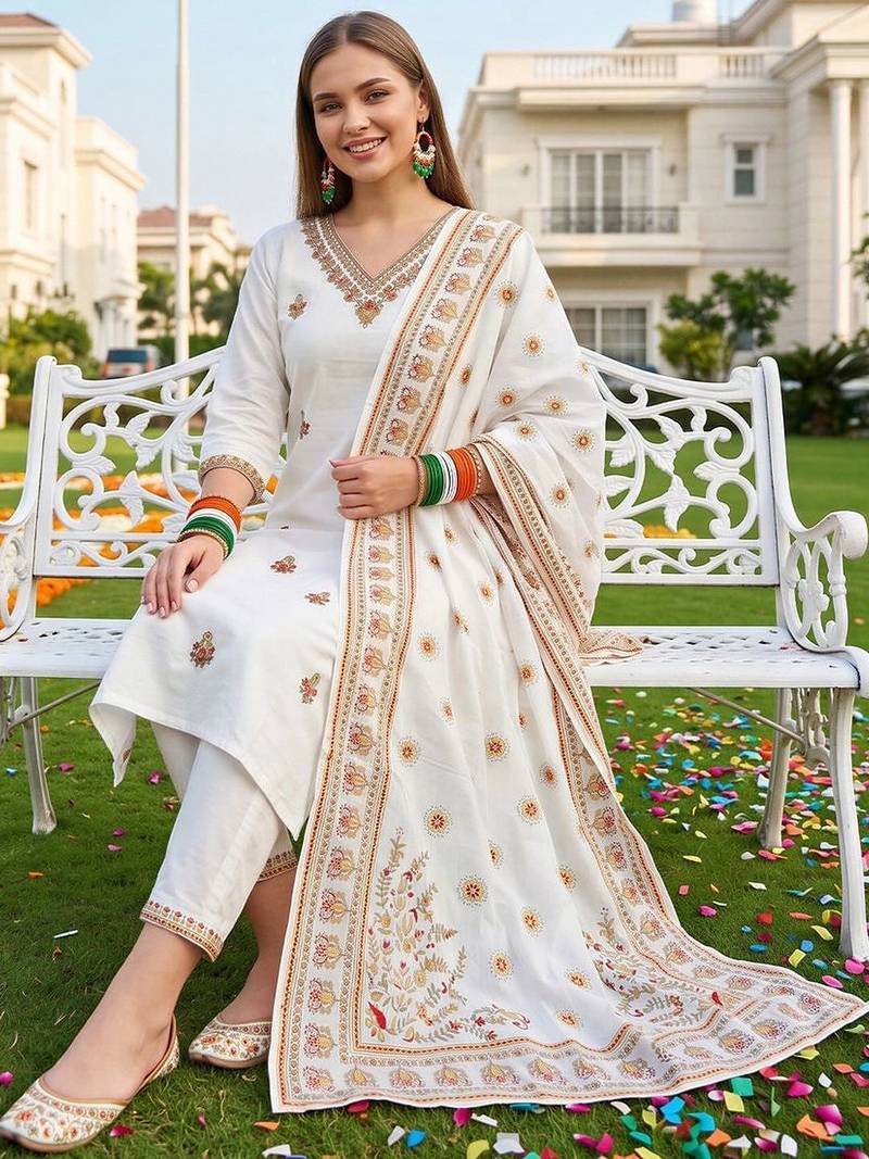 women ethnic motifs embroidered regular thread work cotton kurta with trousers & with dupatta