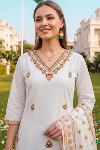 women ethnic motifs embroidered regular thread work cotton kurta with trousers & with dupatta