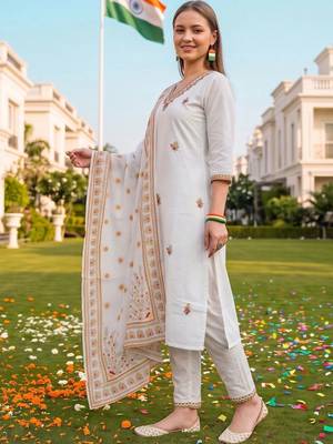 women ethnic motifs embroidered regular thread work cotton kurta with trousers & with dupatta 4