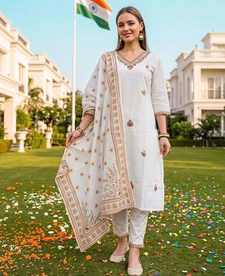 women ethnic motifs embroidered regular thread work cotton kurta with trousers & with dupatta 5