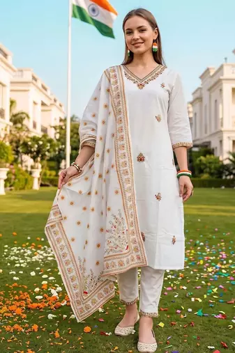 women ethnic motifs embroidered regular thread work cotton kurta with trousers & with dupatta