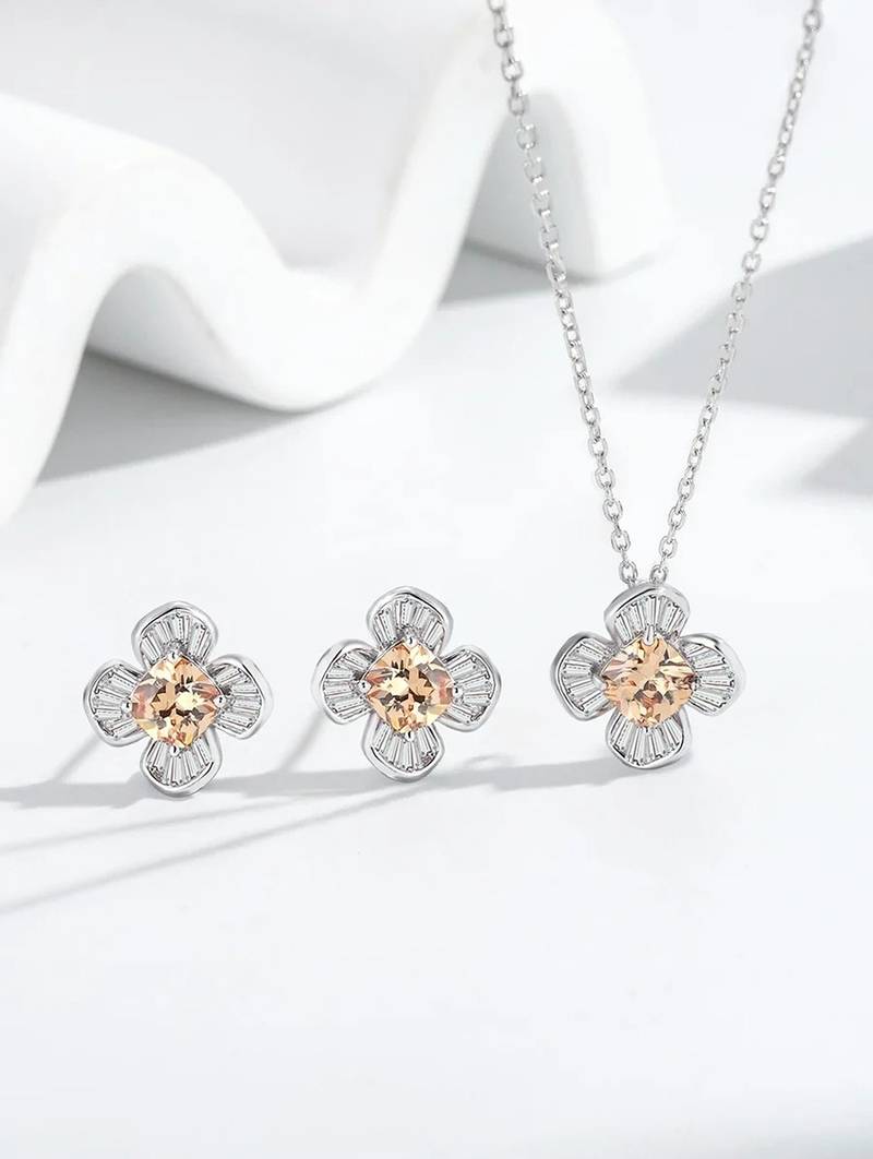 Pure 925 silver gold flower pendant set for women
