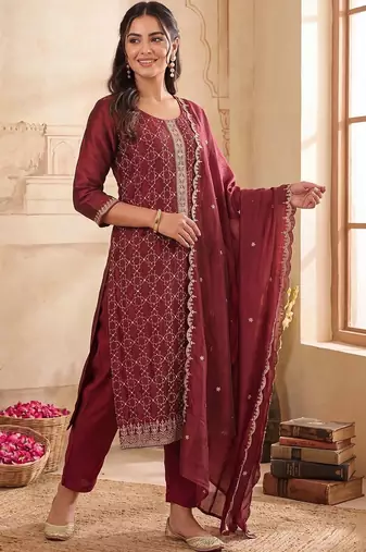 women ethnic motifs embroidered regular kurta with trousers & with dupatta