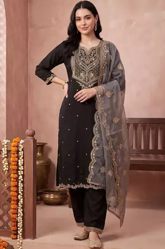 women ethnic motifs embroidered regular thread work kurta with trousers & with dupatta