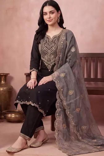 women ethnic motifs embroidered regular thread work kurta with trousers & with dupatta
