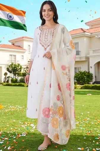 women ethnic motifs embroidered regular thread work kurta with trousers & with dupatta