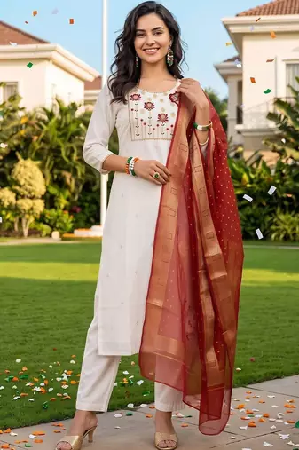 women floral embroidered regular thread work kurta with trousers & with dupatta