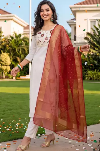 women floral embroidered regular thread work kurta with trousers & with dupatta