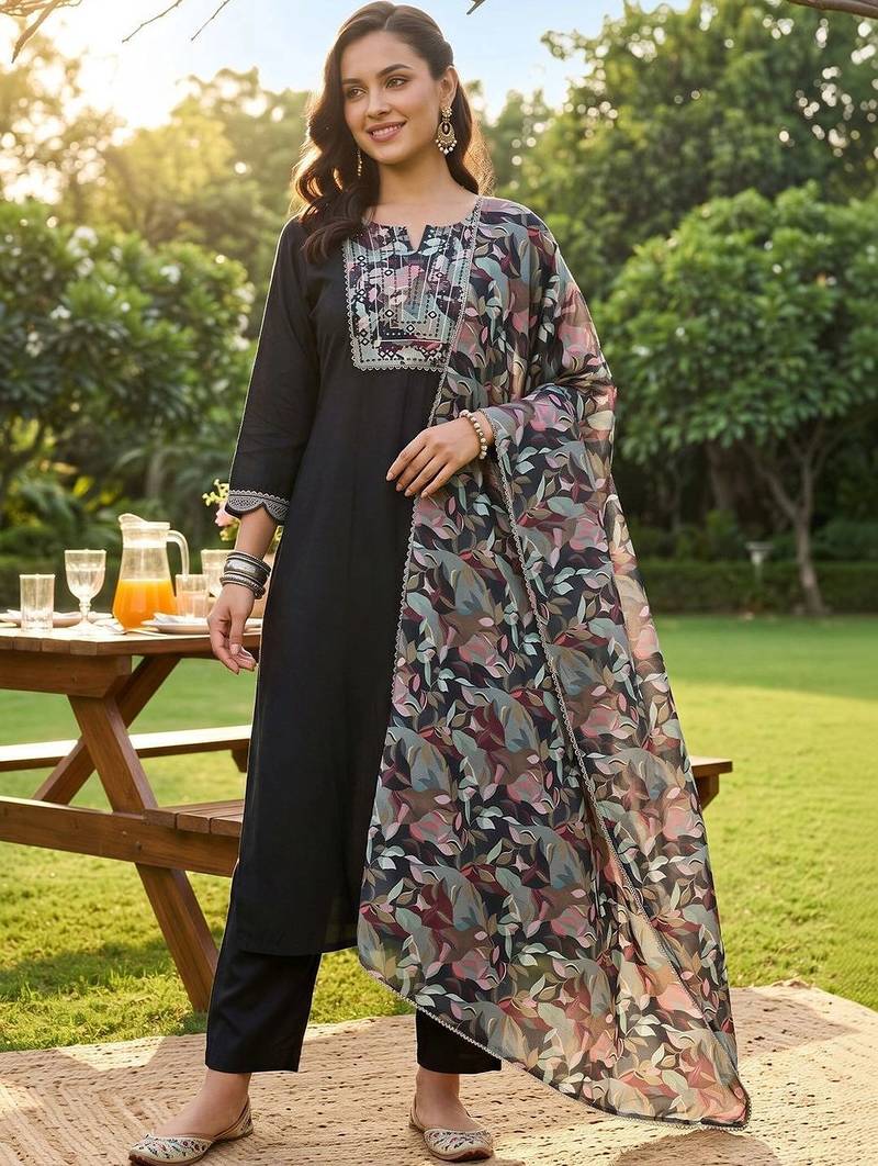 women floral embroidered regular thread work kurta with trousers & with dupatta