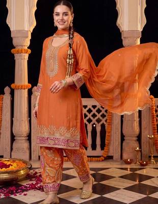 women ethnic motifs embroidered regular sequinned kurta with trousers & with dupatta 1