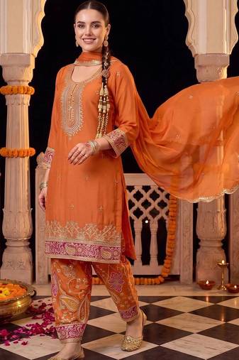 women ethnic motifs embroidered regular sequinned kurta with trousers & with dupatta