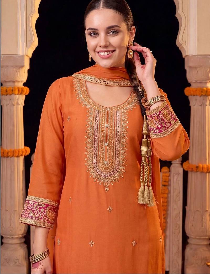 women ethnic motifs embroidered regular sequinned kurta with trousers & with dupatta