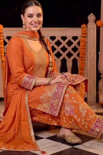 women ethnic motifs embroidered regular sequinned kurta with trousers & with dupatta