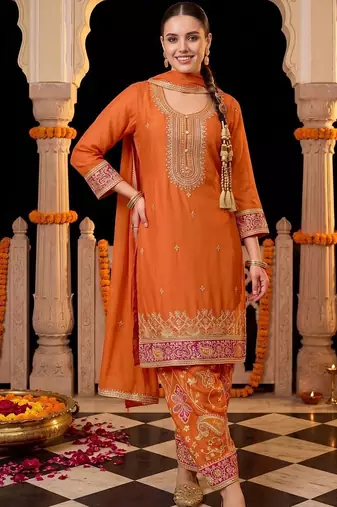 women ethnic motifs embroidered regular sequinned kurta with trousers & with dupatta